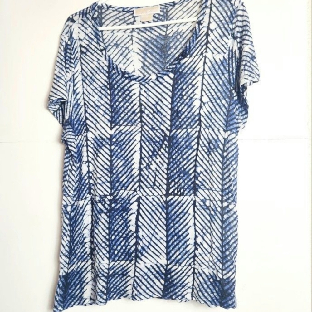 ❤️Michael Kors Women's Navy and White Geometric Short Sleeve Top Size: 1X